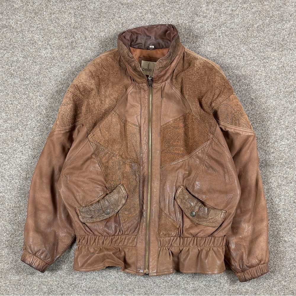 Vintage 80s Leather Suede Paisley Patchwork Bomber Jacket Womens M Brown Western - Picture 2 of 15